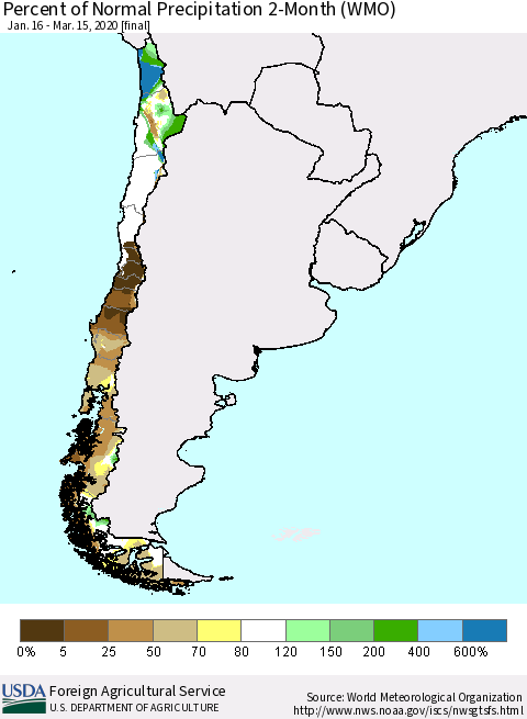 Chile Percent of Normal Precipitation 2-Month (WMO) Thematic Map For 1/16/2020 - 3/15/2020