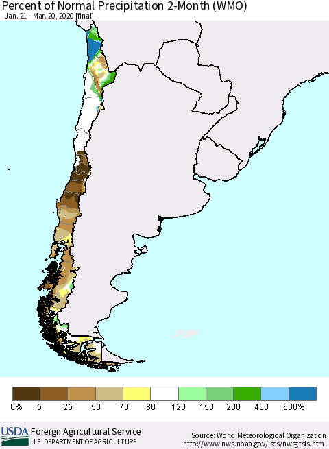Chile Percent of Normal Precipitation 2-Month (WMO) Thematic Map For 1/21/2020 - 3/20/2020