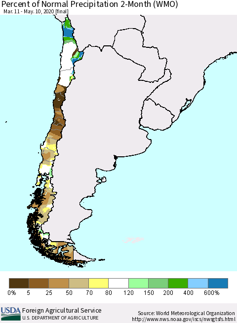 Chile Percent of Normal Precipitation 2-Month (WMO) Thematic Map For 3/11/2020 - 5/10/2020