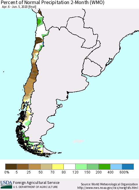Chile Percent of Normal Precipitation 2-Month (WMO) Thematic Map For 4/6/2020 - 6/5/2020