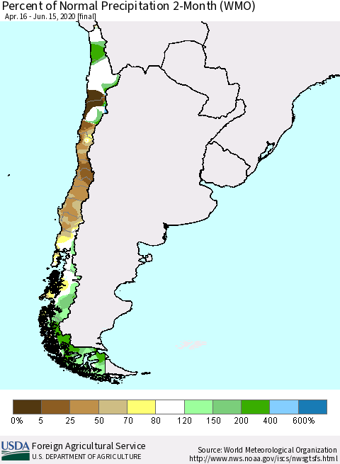 Chile Percent of Normal Precipitation 2-Month (WMO) Thematic Map For 4/16/2020 - 6/15/2020