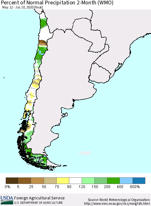 Chile Percent of Normal Precipitation 2-Month (WMO) Thematic Map For 5/11/2020 - 7/10/2020