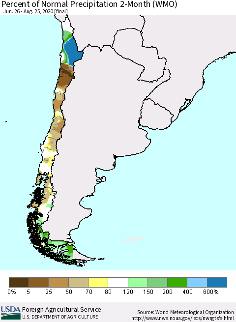 Chile Percent of Normal Precipitation 2-Month (WMO) Thematic Map For 6/26/2020 - 8/25/2020