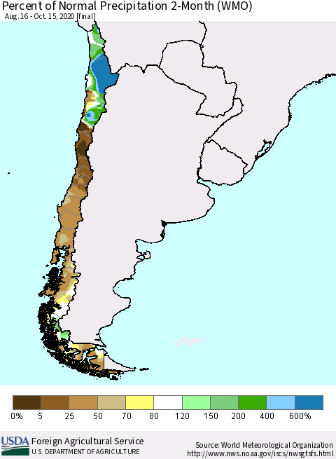 Chile Percent of Normal Precipitation 2-Month (WMO) Thematic Map For 8/16/2020 - 10/15/2020