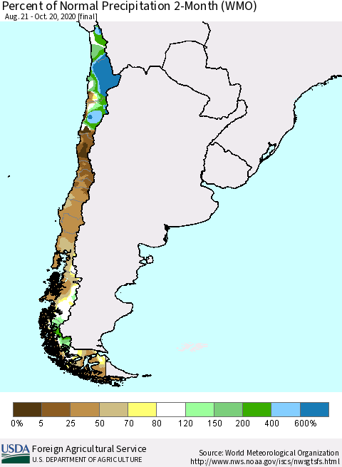 Chile Percent of Normal Precipitation 2-Month (WMO) Thematic Map For 8/21/2020 - 10/20/2020
