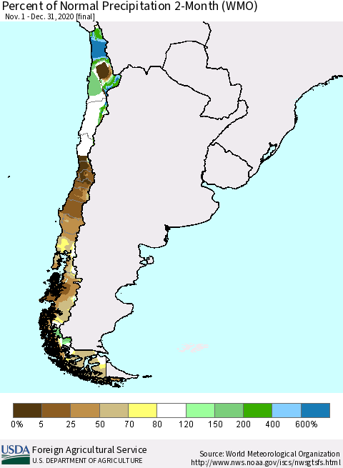 Chile Percent of Normal Precipitation 2-Month (WMO) Thematic Map For 11/1/2020 - 12/31/2020