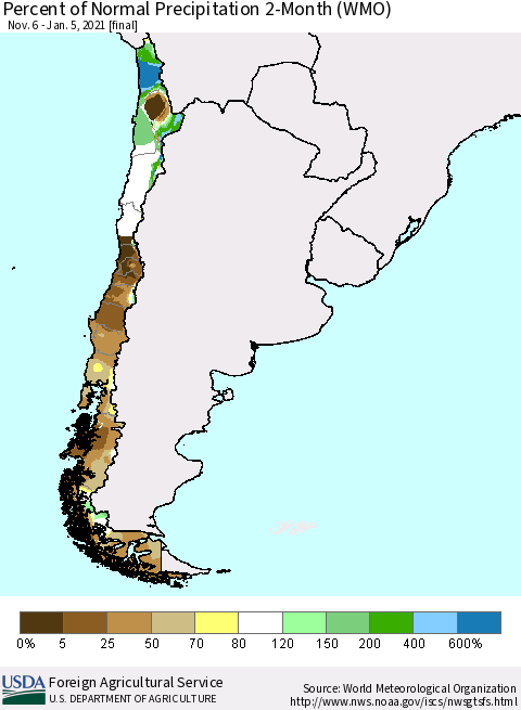 Chile Percent of Normal Precipitation 2-Month (WMO) Thematic Map For 11/6/2020 - 1/5/2021