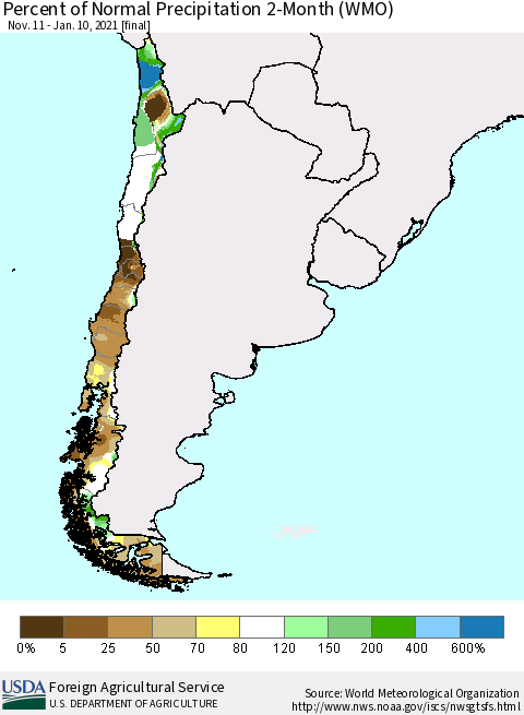 Chile Percent of Normal Precipitation 2-Month (WMO) Thematic Map For 11/11/2020 - 1/10/2021