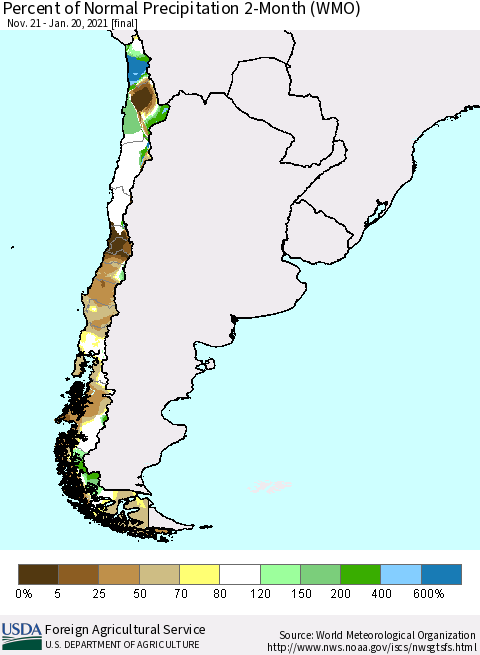 Chile Percent of Normal Precipitation 2-Month (WMO) Thematic Map For 11/21/2020 - 1/20/2021