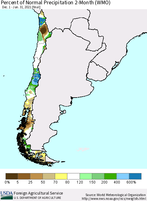 Chile Percent of Normal Precipitation 2-Month (WMO) Thematic Map For 12/1/2020 - 1/31/2021