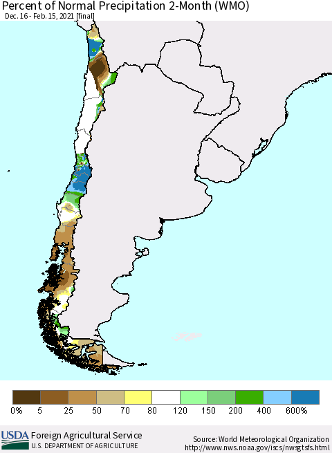 Chile Percent of Normal Precipitation 2-Month (WMO) Thematic Map For 12/16/2020 - 2/15/2021