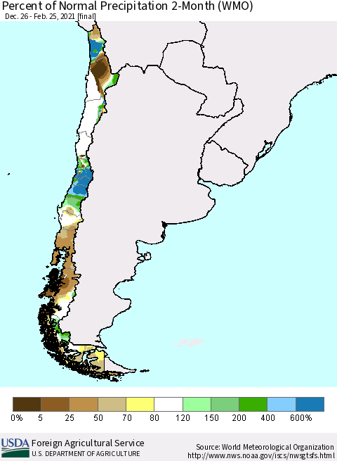 Chile Percent of Normal Precipitation 2-Month (WMO) Thematic Map For 12/26/2020 - 2/25/2021