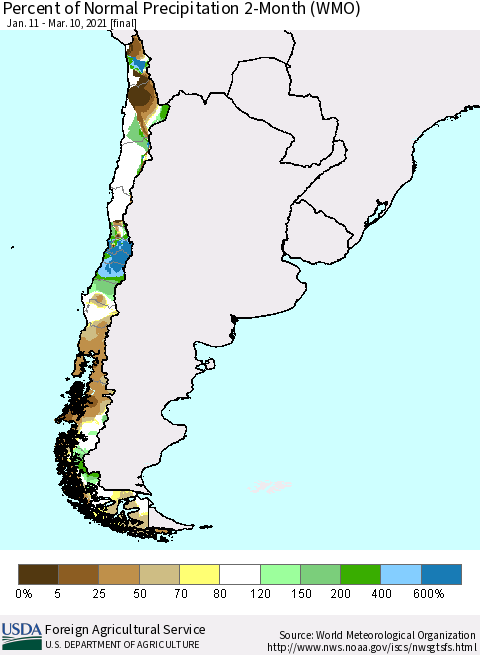 Chile Percent of Normal Precipitation 2-Month (WMO) Thematic Map For 1/11/2021 - 3/10/2021
