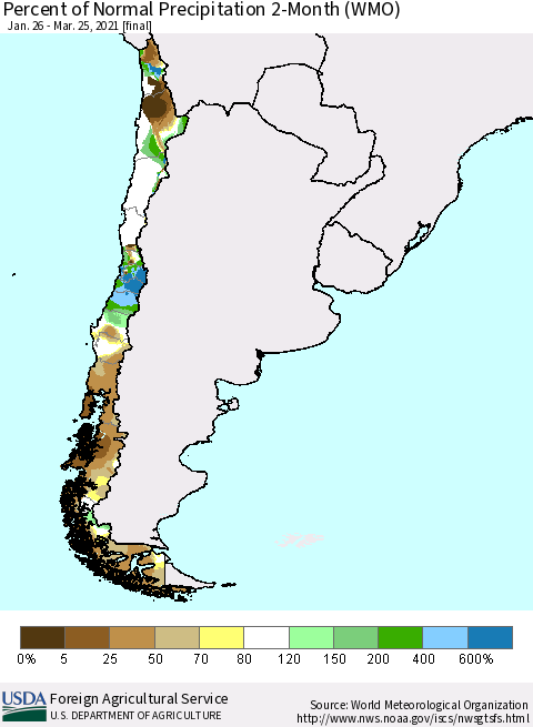 Chile Percent of Normal Precipitation 2-Month (WMO) Thematic Map For 1/26/2021 - 3/25/2021