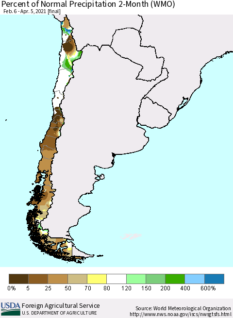 Chile Percent of Normal Precipitation 2-Month (WMO) Thematic Map For 2/6/2021 - 4/5/2021