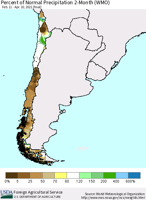 Chile Percent of Normal Precipitation 2-Month (WMO) Thematic Map For 2/11/2021 - 4/10/2021