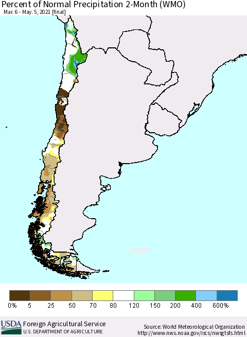 Chile Percent of Normal Precipitation 2-Month (WMO) Thematic Map For 3/6/2021 - 5/5/2021