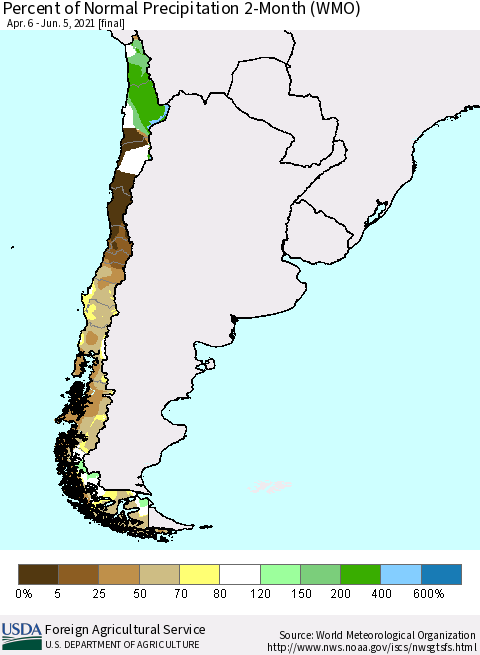 Chile Percent of Normal Precipitation 2-Month (WMO) Thematic Map For 4/6/2021 - 6/5/2021