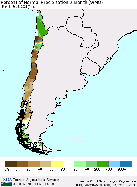 Chile Percent of Normal Precipitation 2-Month (WMO) Thematic Map For 5/6/2021 - 7/5/2021