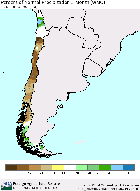 Chile Percent of Normal Precipitation 2-Month (WMO) Thematic Map For 6/1/2021 - 7/31/2021