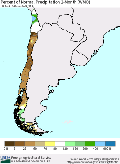 Chile Percent of Normal Precipitation 2-Month (WMO) Thematic Map For 6/11/2021 - 8/10/2021