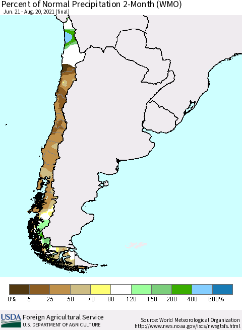 Chile Percent of Normal Precipitation 2-Month (WMO) Thematic Map For 6/21/2021 - 8/20/2021