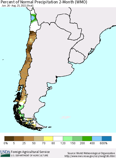 Chile Percent of Normal Precipitation 2-Month (WMO) Thematic Map For 6/26/2021 - 8/25/2021