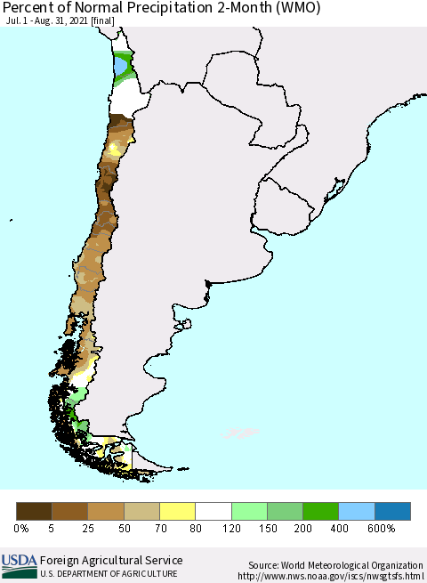 Chile Percent of Normal Precipitation 2-Month (WMO) Thematic Map For 7/1/2021 - 8/31/2021