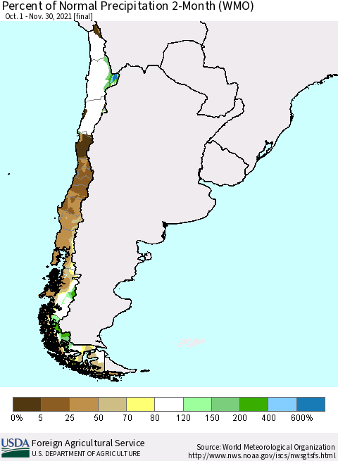 Chile Percent of Normal Precipitation 2-Month (WMO) Thematic Map For 10/1/2021 - 11/30/2021