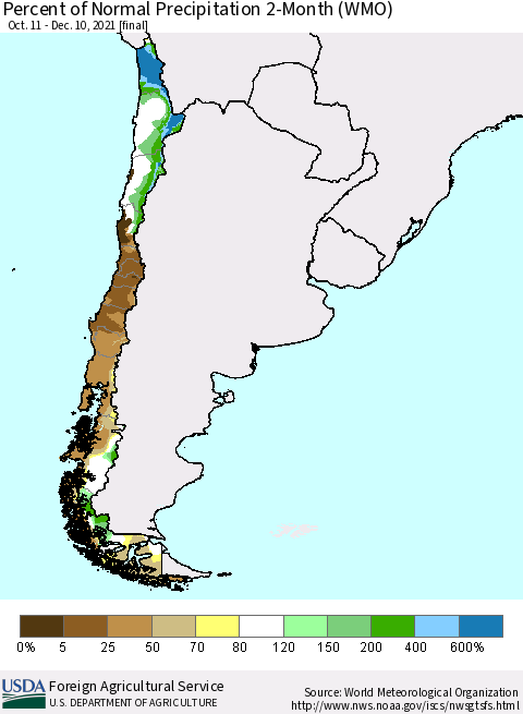 Chile Percent of Normal Precipitation 2-Month (WMO) Thematic Map For 10/11/2021 - 12/10/2021