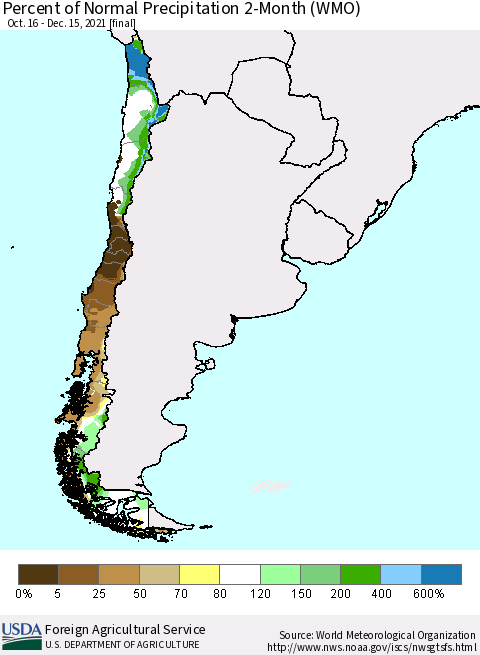 Chile Percent of Normal Precipitation 2-Month (WMO) Thematic Map For 10/16/2021 - 12/15/2021