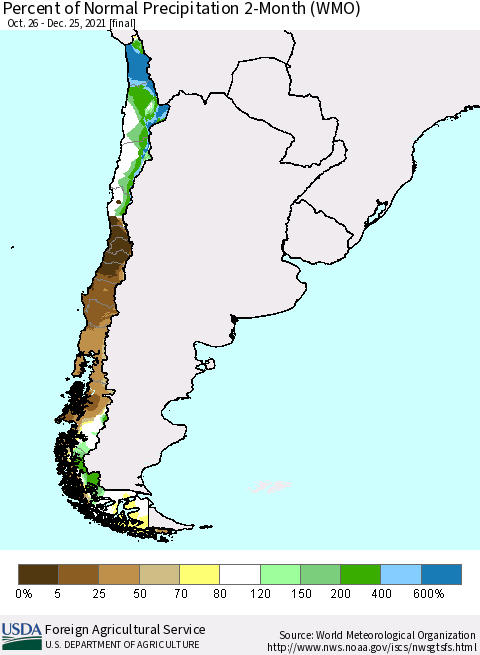 Chile Percent of Normal Precipitation 2-Month (WMO) Thematic Map For 10/26/2021 - 12/25/2021
