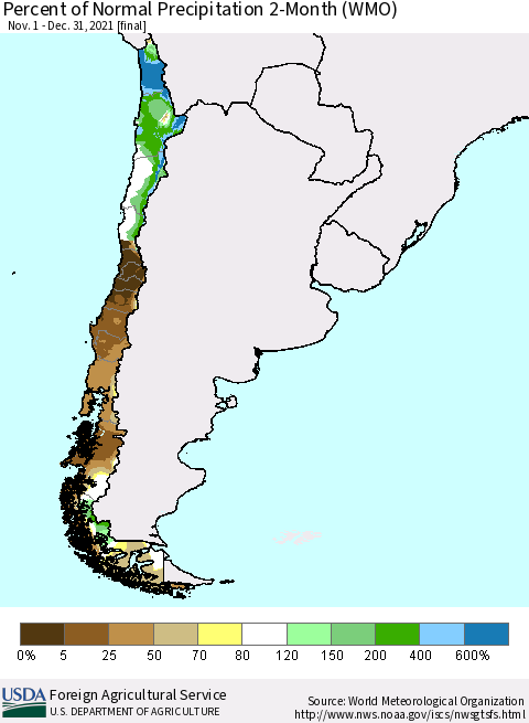 Chile Percent of Normal Precipitation 2-Month (WMO) Thematic Map For 11/1/2021 - 12/31/2021