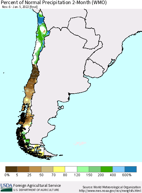 Chile Percent of Normal Precipitation 2-Month (WMO) Thematic Map For 11/6/2021 - 1/5/2022