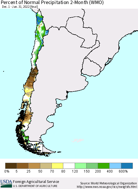 Chile Percent of Normal Precipitation 2-Month (WMO) Thematic Map For 12/1/2021 - 1/31/2022