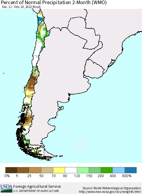 Chile Percent of Normal Precipitation 2-Month (WMO) Thematic Map For 12/11/2021 - 2/10/2022