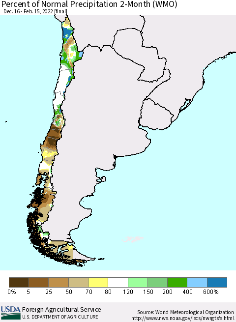 Chile Percent of Normal Precipitation 2-Month (WMO) Thematic Map For 12/16/2021 - 2/15/2022