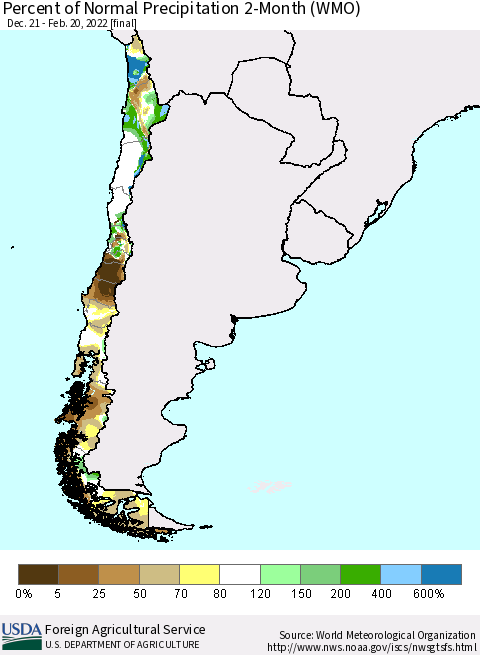 Chile Percent of Normal Precipitation 2-Month (WMO) Thematic Map For 12/21/2021 - 2/20/2022