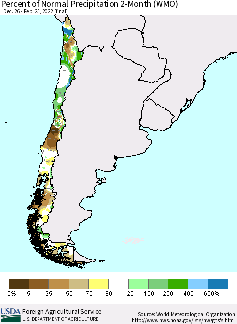 Chile Percent of Normal Precipitation 2-Month (WMO) Thematic Map For 12/26/2021 - 2/25/2022