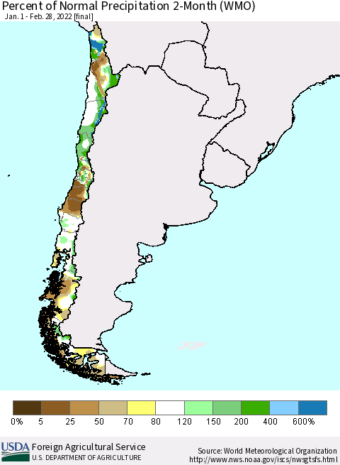 Chile Percent of Normal Precipitation 2-Month (WMO) Thematic Map For 1/1/2022 - 2/28/2022