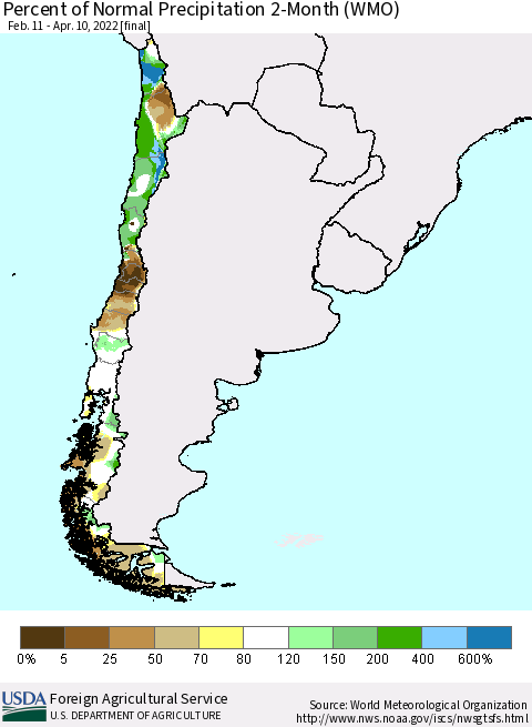 Chile Percent of Normal Precipitation 2-Month (WMO) Thematic Map For 2/11/2022 - 4/10/2022