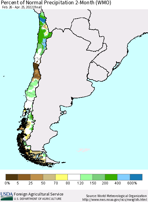 Chile Percent of Normal Precipitation 2-Month (WMO) Thematic Map For 2/26/2022 - 4/25/2022