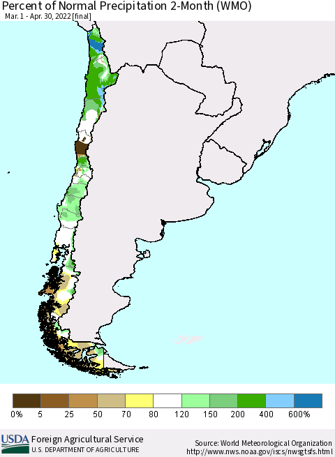 Chile Percent of Normal Precipitation 2-Month (WMO) Thematic Map For 3/1/2022 - 4/30/2022