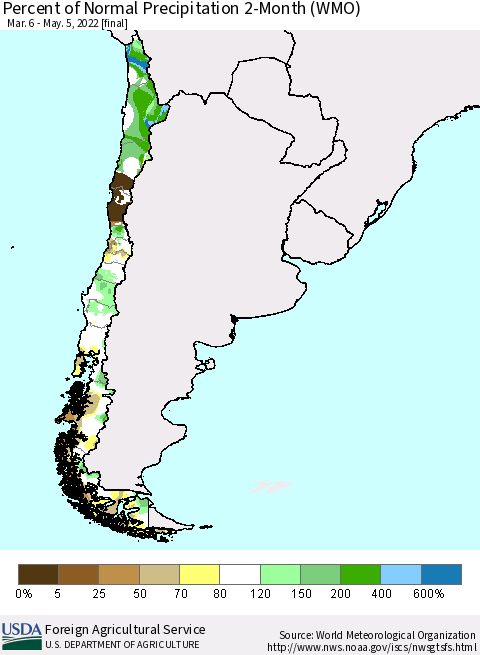 Chile Percent of Normal Precipitation 2-Month (WMO) Thematic Map For 3/6/2022 - 5/5/2022