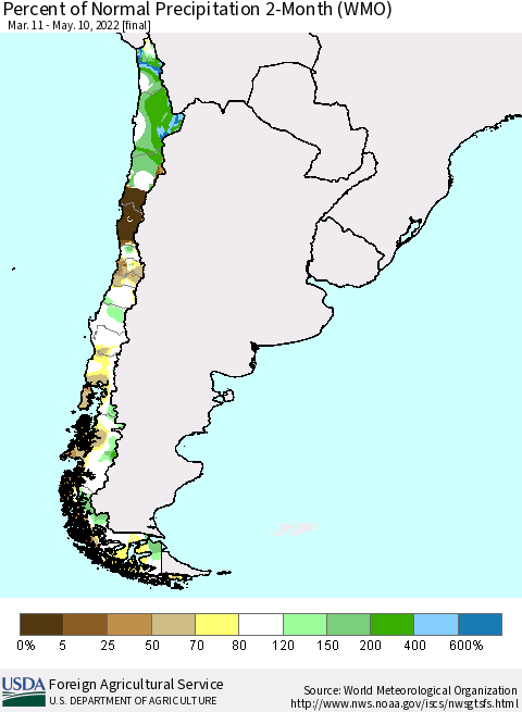 Chile Percent of Normal Precipitation 2-Month (WMO) Thematic Map For 3/11/2022 - 5/10/2022