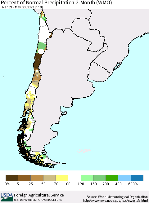 Chile Percent of Normal Precipitation 2-Month (WMO) Thematic Map For 3/21/2022 - 5/20/2022