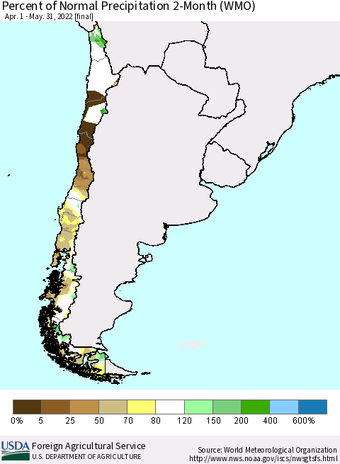 Chile Percent of Normal Precipitation 2-Month (WMO) Thematic Map For 4/1/2022 - 5/31/2022