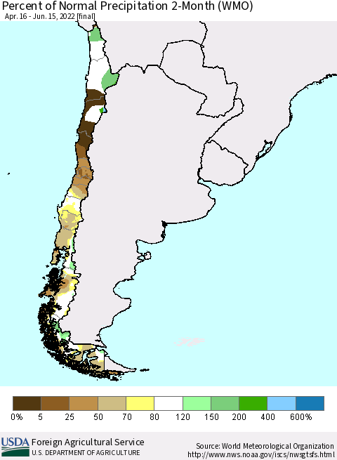 Chile Percent of Normal Precipitation 2-Month (WMO) Thematic Map For 4/16/2022 - 6/15/2022