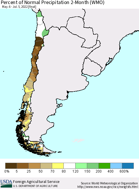 Chile Percent of Normal Precipitation 2-Month (WMO) Thematic Map For 5/6/2022 - 7/5/2022