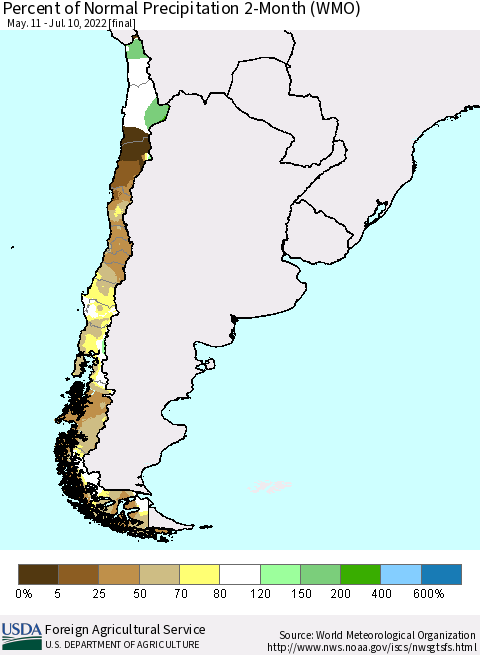 Chile Percent of Normal Precipitation 2-Month (WMO) Thematic Map For 5/11/2022 - 7/10/2022